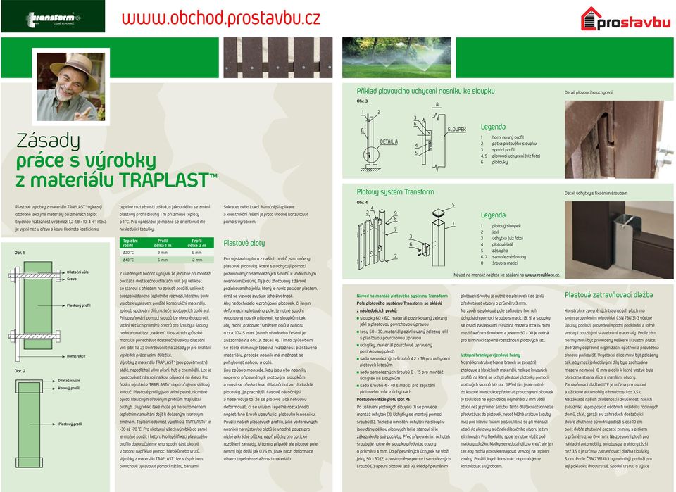 profil 4, 5 plovoucí uchycení (viz foto) 6 plotovky Plotový systém Transform Detail úchytky s fixačním šroubem Plastové výrobky z materiálu TRAPLAST vykazují obdobně jako jiné materiály při změnách