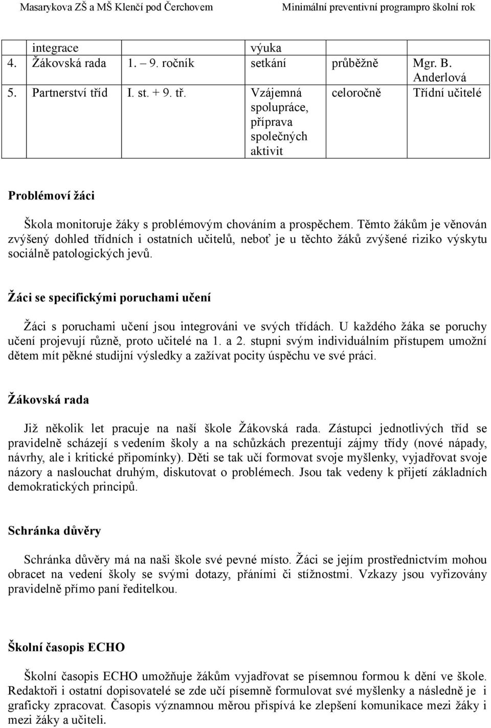 Těmto žákům je věnován zvýšený dohled třídních i ostatních učitelů, neboť je u těchto žáků zvýšené riziko výskytu sociálně patologických jevů.