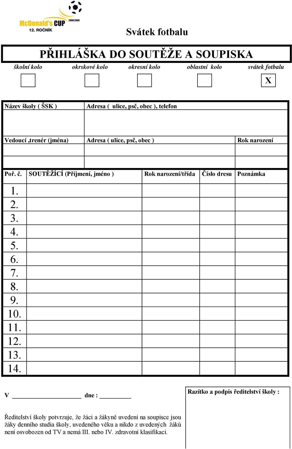 SOUTĚŽÍCÍ (Příjmení, jméno ) Rok narození/třída Číslo dresu Poznámka 1. 2. 3. 4. 5. 6. 7. 8. 9. 10. 11. 12. 13. 14.