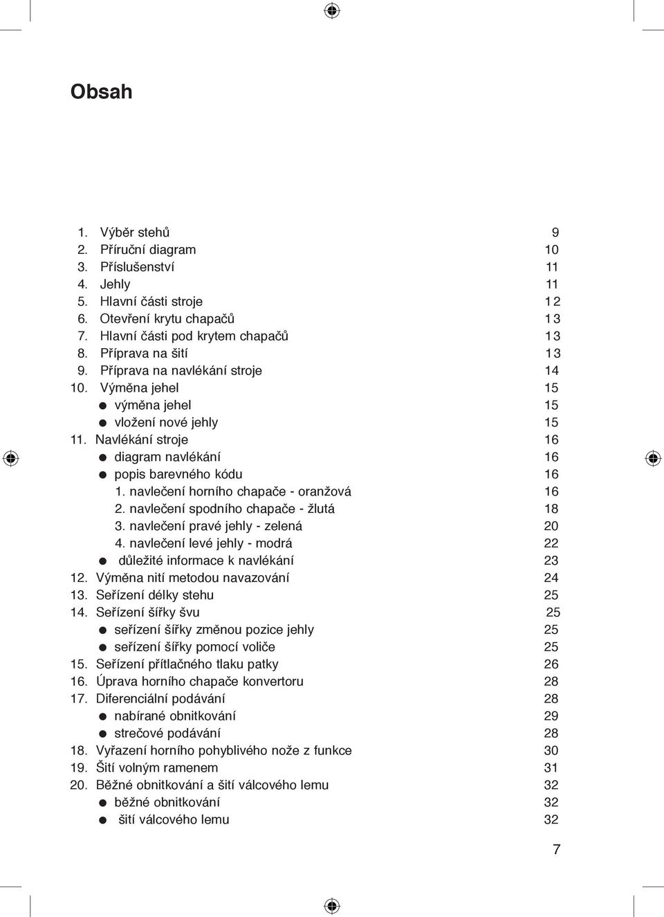 navlečení spodního - žlutá 18 3. navlečení pravé jehly - zelená 20 4. navlečení levé jehly - modrá 22 důležité informace k navlékání 23 12. Výměna nití metodou navazování 24 13.