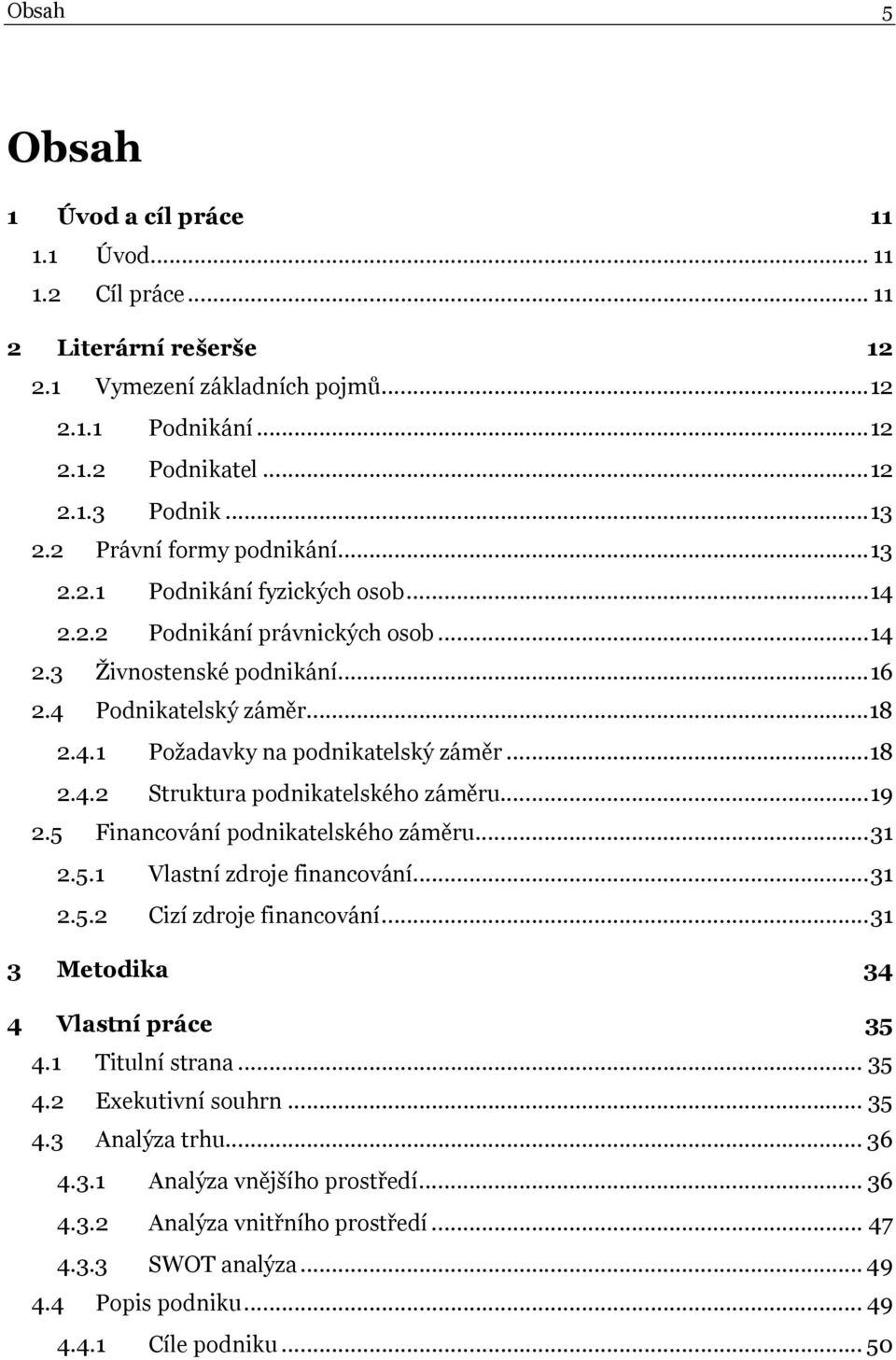 ..18 2.4.2 Struktura podnikatelského záměru...19 2.5 Financování podnikatelského záměru...31 2.5.1 Vlastní zdroje financování...31 2.5.2 Cizí zdroje financování...31 3 Metodika 34 4 Vlastní práce 35 4.