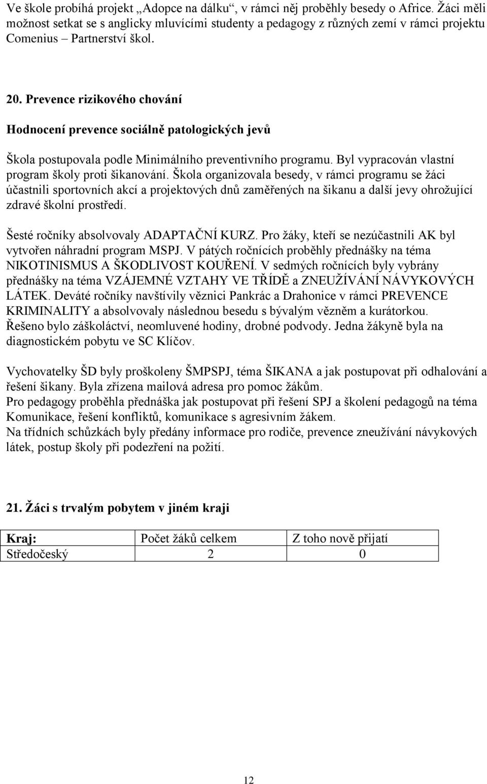 Prevence rizikového chování Hodnocení prevence sociálně patologických jevů Škola postupovala podle Minimálního preventivního programu. Byl vypracován vlastní program školy proti šikanování.