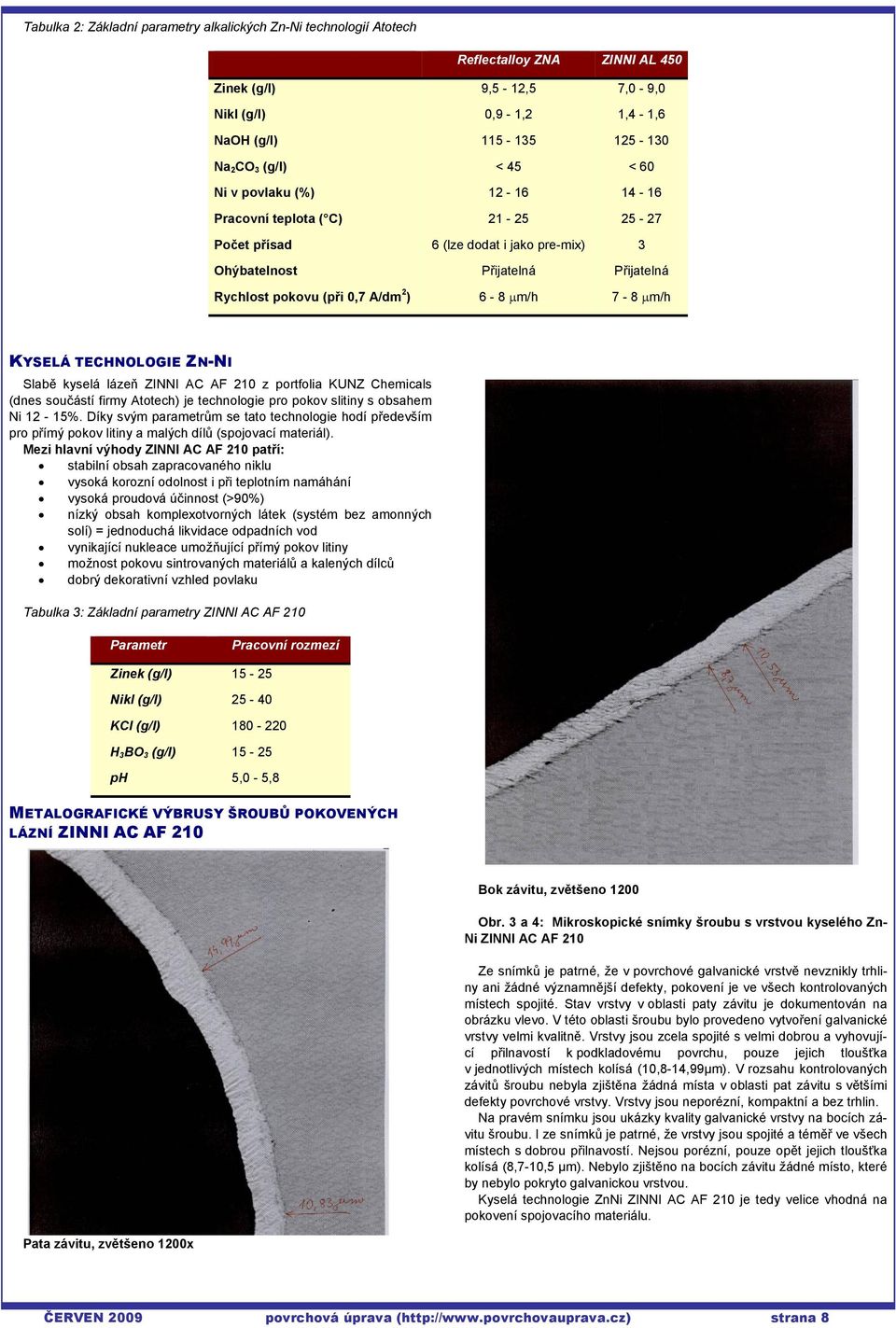 μm/h KYSELÁ TECHNOLOGIE ZN-NI Slabě kyselá lázeň ZINNI AC AF 210 z portfolia KUNZ Chemicals (dnes součástí firmy Atotech) je technologie pro pokov slitiny s obsahem Ni 12-15%.