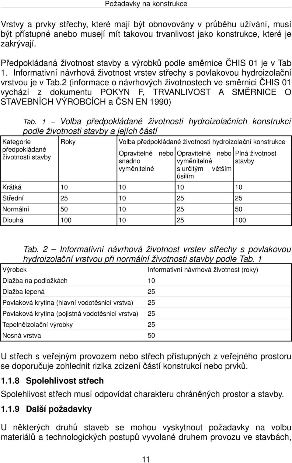 2 (informace o návrhových životnostech ve směrnici ČHIS 01 vychází z dokumentu POKYN F, TRVANLIVOST A SMĚRNICE O STAVEBNÍCH VÝROBCÍCH a ČSN EN 1990) Tab.