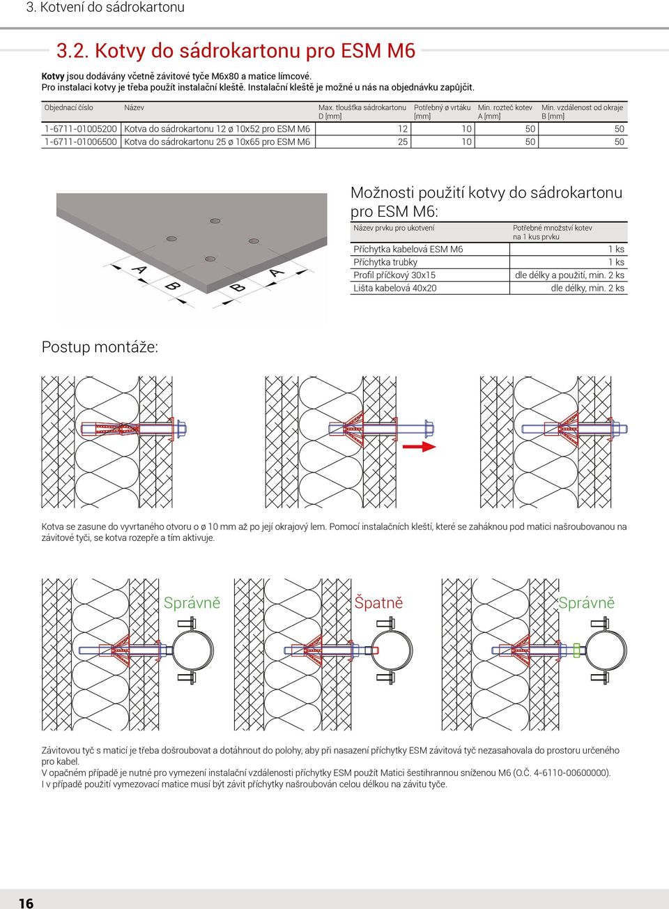tloušťka sádrokartonu D 1-6711-01005200 Kotva do sádrokartonu 12 ø 10x52 pro ESM M6 1-6711-01006500 Kotva do sádrokartonu 25 ø 10x65 pro ESM M6 Potřebný ø vrtáku Min. rozteč kotev A 12 25 10 10 Min.