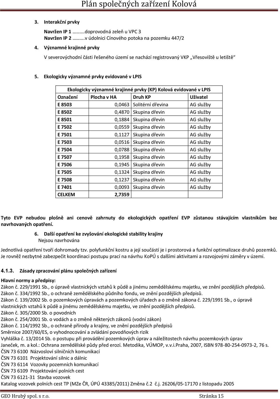 Ekologicky významné prvky evidované v LPIS Ekologicky významné krajinné prvky (KP) Kolová evidované v LPIS Označení Plocha v HA Druh KP Uživatel E 8503 0,0463 Solitérní dřevina AG služby E 8502