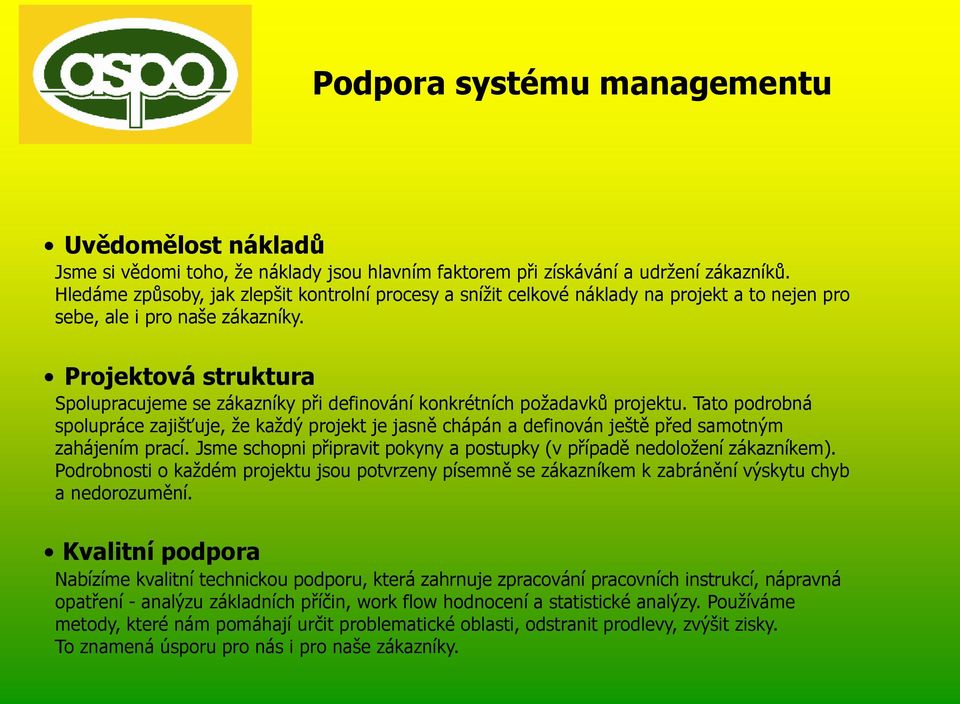 Projektová struktura Spolupracujeme se zákazníky při definování konkrétních požadavků projektu.