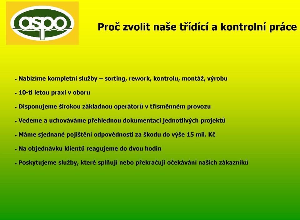 přehlednou dokumentaci jednotlivých projektů Máme sjednané pojištění odpovědnosti za škodu do výše 15 mil.