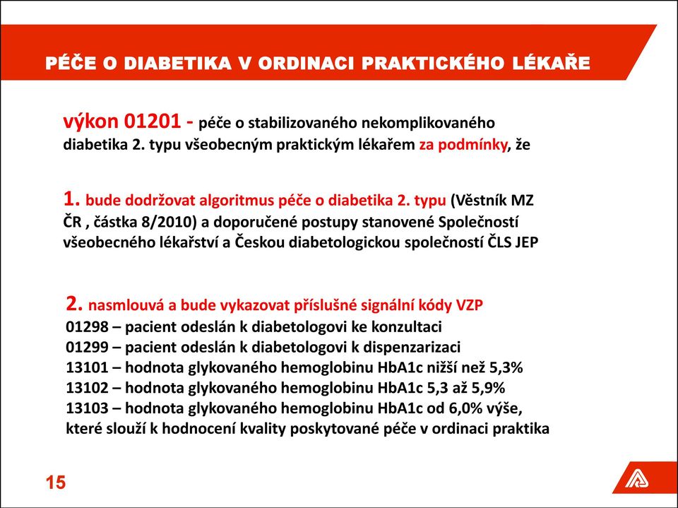 typu (Věstník MZ ČR, částka 8/2010) a doporučené postupy stanovené Společností všeobecného lékařství a Českou diabetologickou společností ČLS JEP 2.