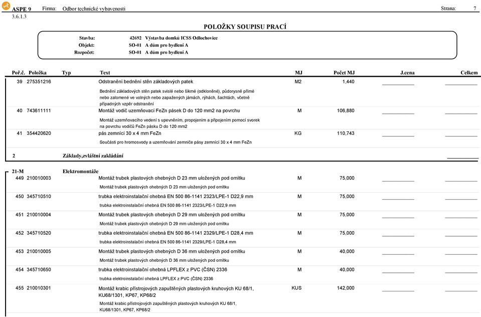 vedení s upevněním, propojením a připojením pomocí svorek na povrchu vodičů FeZn pásku D do 120 mm2 41 354420620 pás zemnící 30 x 4 mm FeZn KG 110,743 Součásti pro hromosvody a uzemňování zemniče