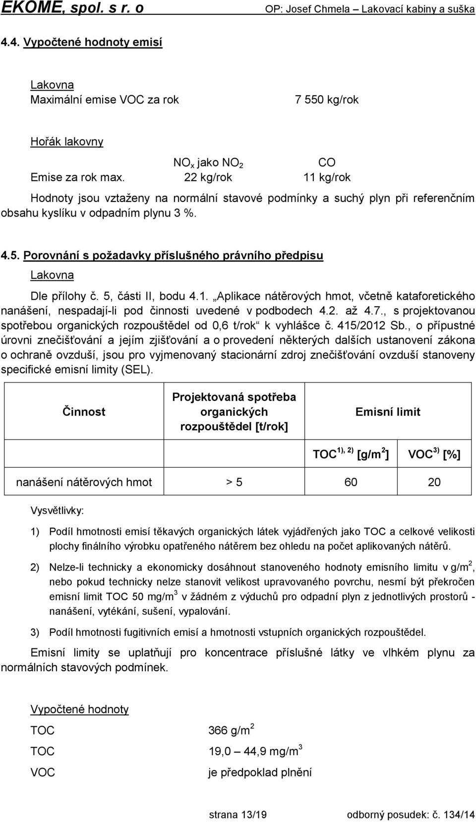 Porovnání s požadavky příslušného právního předpisu Lakovna Dle přílohy č. 5, části II, bodu 4.1.