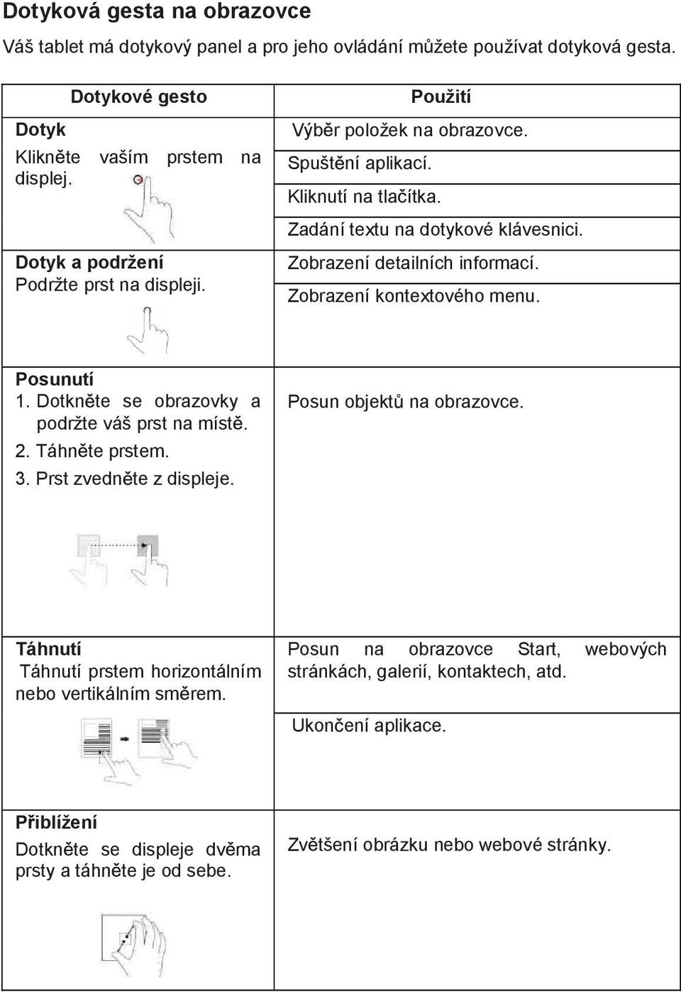 Zobrazení kontextového menu. Posunutí 1. Dotkn te se obrazovky a podržte váš prst na míst. 2. Táhn te prstem. 3. Prst zvedn te z displeje. Posun objekt na obrazovce.