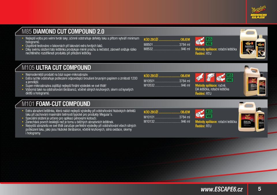 ..946 ml Metody aplikace: rotační leštička M105 ULTRA CUT COMPOUND Nejmodernější produkt na bázi super-mikroabraziv.