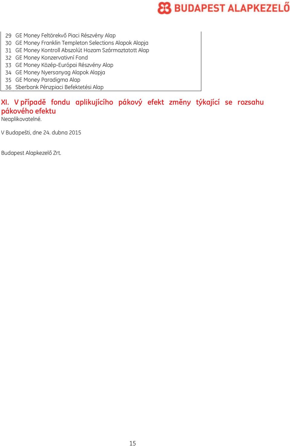 Nyersanyag Alapok Alapja 35 GE Money Paradigma Alap 36 Sberbank Pénzpiaci Befektetési Alap XI.