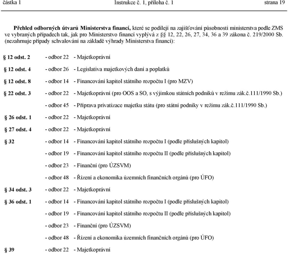 22, 26, 27, 34, 36 a 39 zákona č. 219/2000 Sb. (nezahrnuje případy schvalování na základě výhrady Ministerstva financí): 12 odst. 2 - odbor 22 - Majetkoprávní 12 odst.