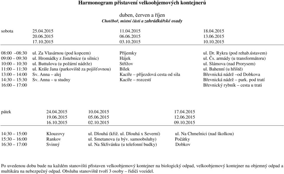 armády (u transformátoru) 10:00 10:30 ul. Buttulova (u požární nádrže) Střížov ul. Slámova (nad Prorysem) 11:00 11:30 ul. Krále Jana (parkoviště za pojišťovnou) Bílek ul.