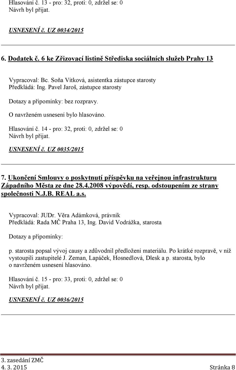 Ukončení Smlouvy o poskytnutí příspěvku na veřejnou infrastrukturu Západního Města ze dne 28.4.2008 výpovědí, resp. odstoupením ze strany společnosti N.J.B. REAL a.s. Vypracoval: JUDr.