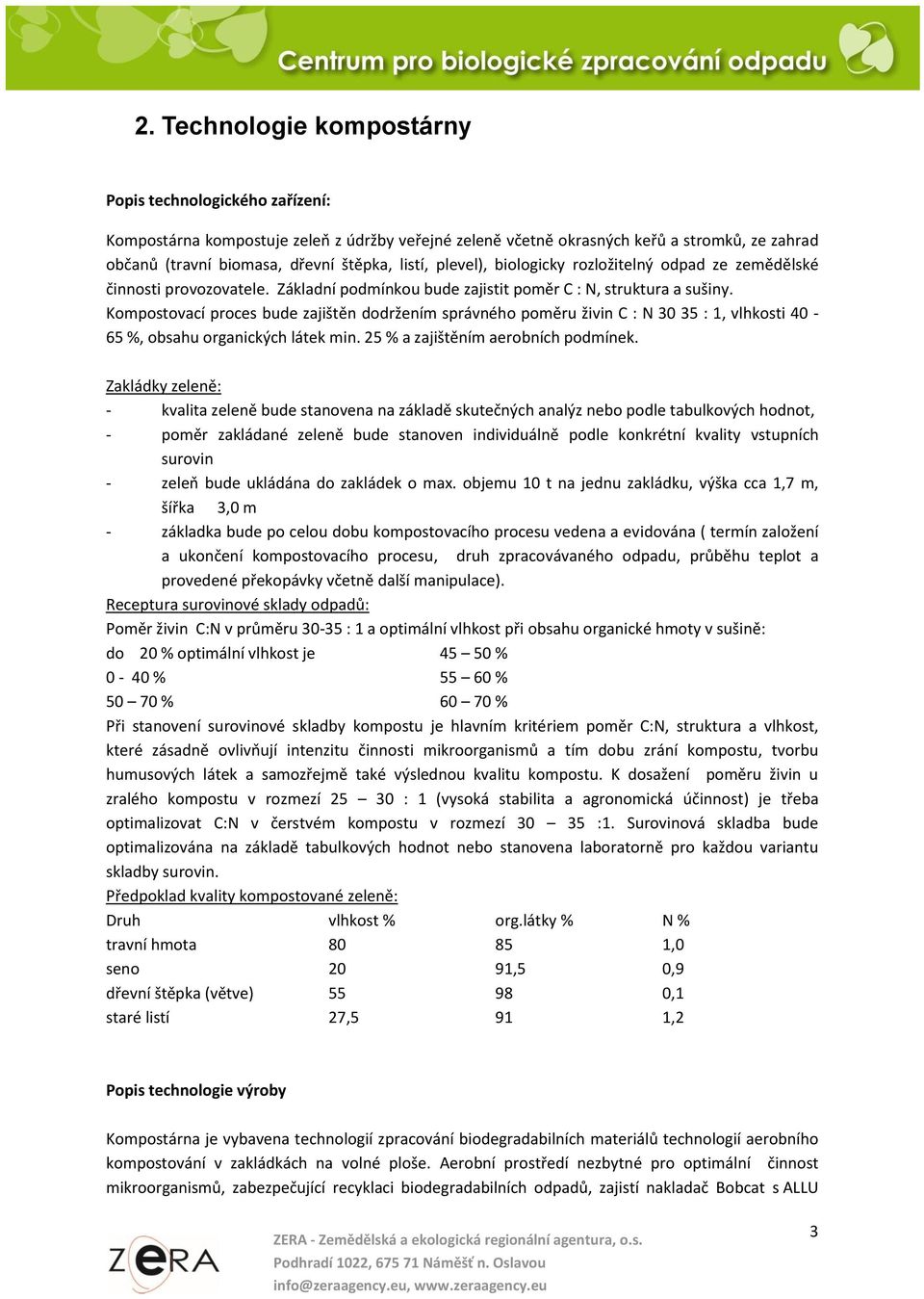 Kompostovací proces bude zajištěn dodržením správného poměru živin C : N 30 35 : 1, vlhkosti 40-65 %, obsahu organických látek min. 25 % a zajištěním aerobních podmínek.