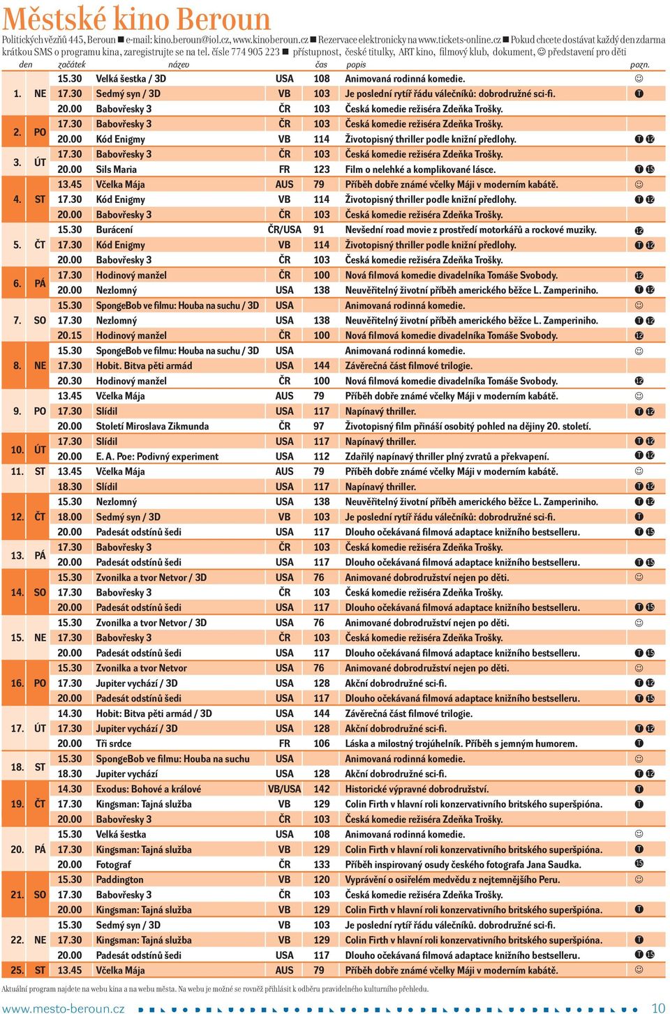 čísle 774 905 223 n přístupnost, české titulky, ART kino, filmový klub, dokument, představení pro děti den začátek název čas popis pozn. 15.30 Velká šestka / 3D USA 108 Animovaná rodinná komedie. 1. NE 17.