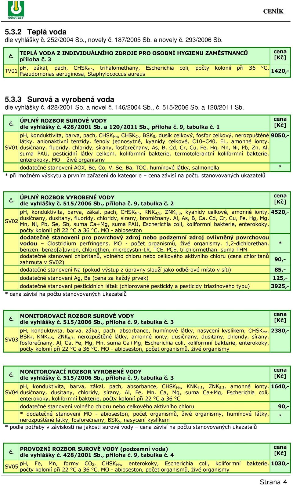 Staphylococcus aureus 1420,- 5.3.3 Surová a vyrobená voda dle vyhlášky 428/2001 Sb. a novel 146/2004 Sb., 515/2006 Sb. a 120/2011 Sb. SV01 ÚPLNÝ ROZBOR SUROVÉ VODY dle vyhlášky 428/2001 Sb.