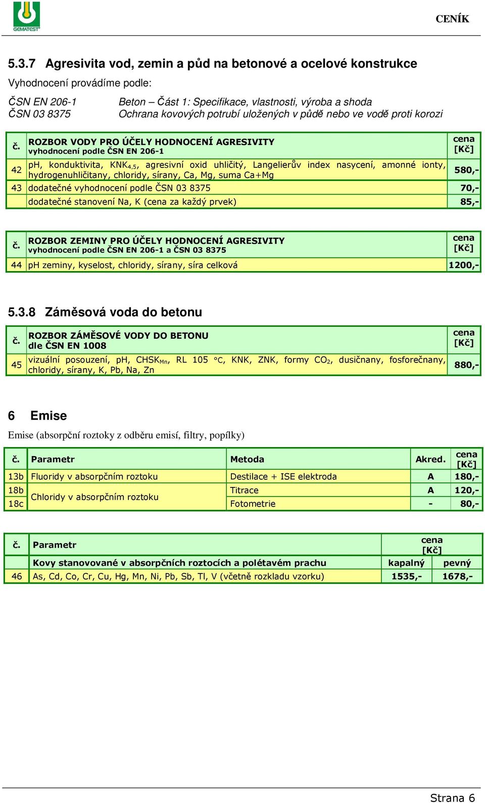 nasycení, amonné ionty, hydrogenuhličitany, chloridy, sírany, Ca, Mg, suma Ca+Mg 580,- 43 dodatečné vyhodnocení podle ČSN 03 8375 70,- dodatečné stanovení Na, K ( za každý prvek) 85,- ROZBOR ZEMINY