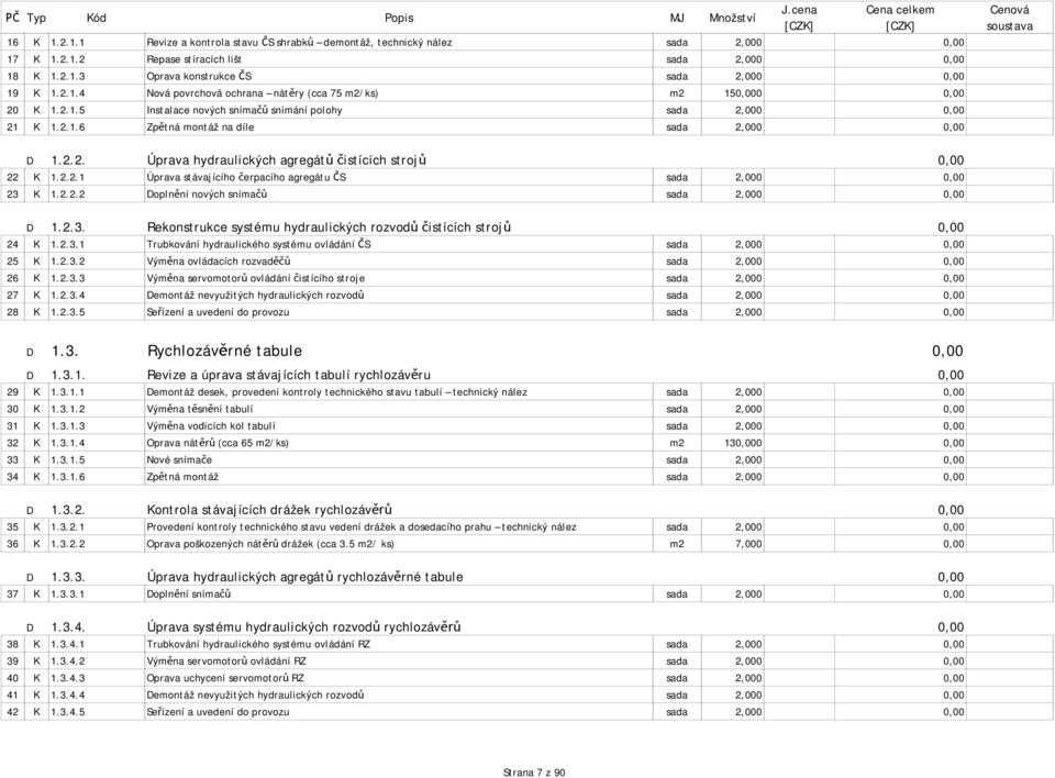 2.2.1 Úprava stávajícího erpacího agregátu S sada 2,000 0,00 23 K 1.2.2.2 Dopln ní nových sníma sada 2,000 0,00 D 1.2.3. Rekonstrukce systému hydraulických rozvod istících stroj 0,00 24 K 1.2.3.1 Trubkování hydraulického systému ovládání S sada 2,000 0,00 25 K 1.