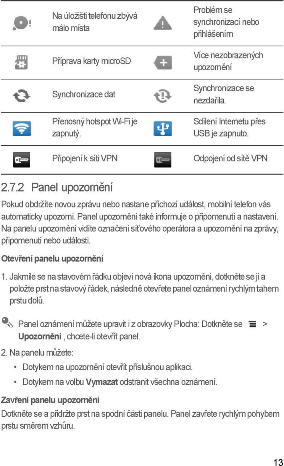 2 Panel upozornění Pokud obdržíte novou zprávu nebo nastane příchozí událost, mobilní telefon vás automaticky upozorní. Panel upozornění také informuje o připomenutí a nastavení.