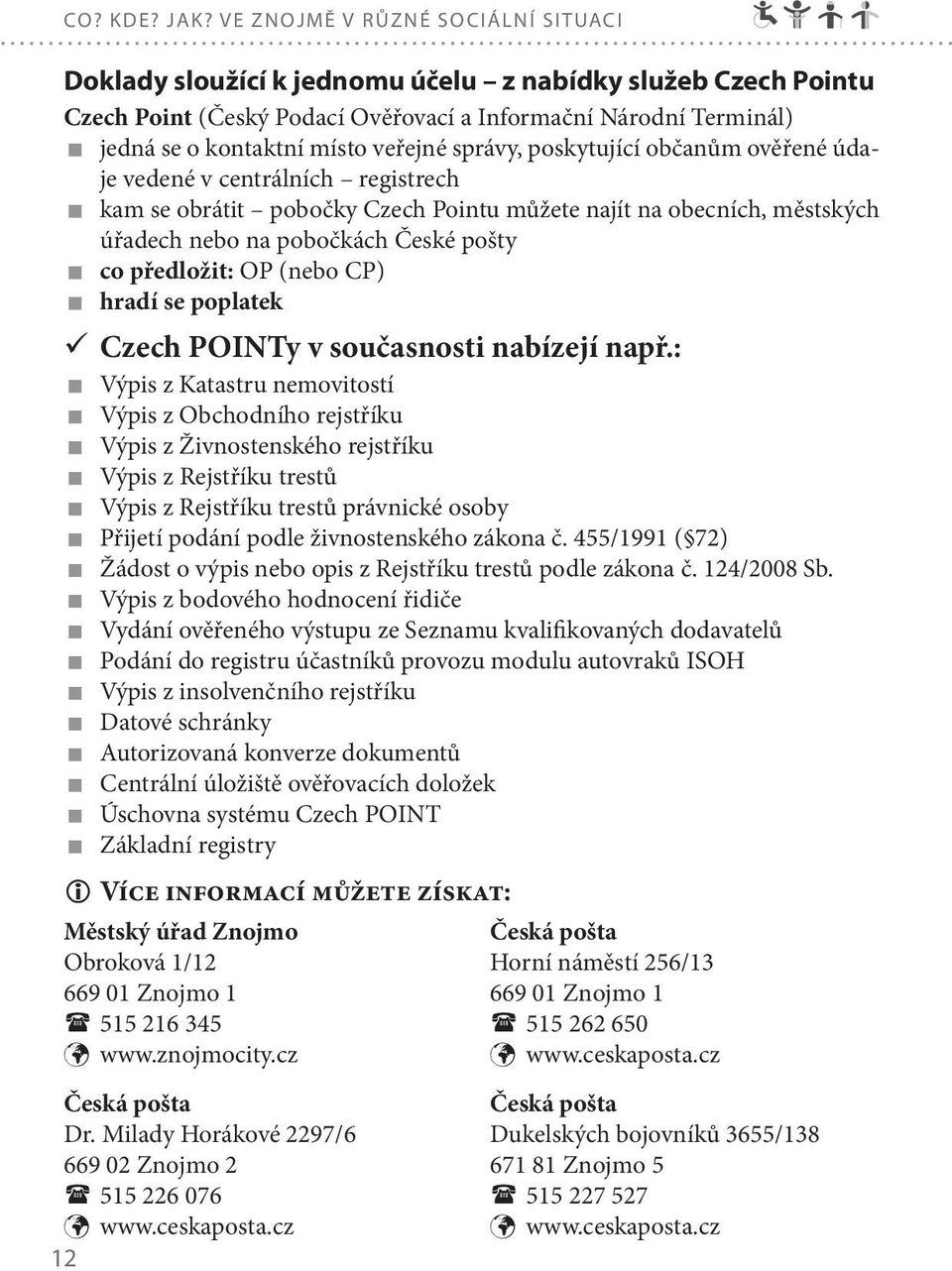 správy, poskytující občanům ověřené údaje vedené v centrálních registrech kam se obrátit pobočky Czech Pointu můžete najít na obecních, městských úřadech nebo na pobočkách České pošty co předložit: