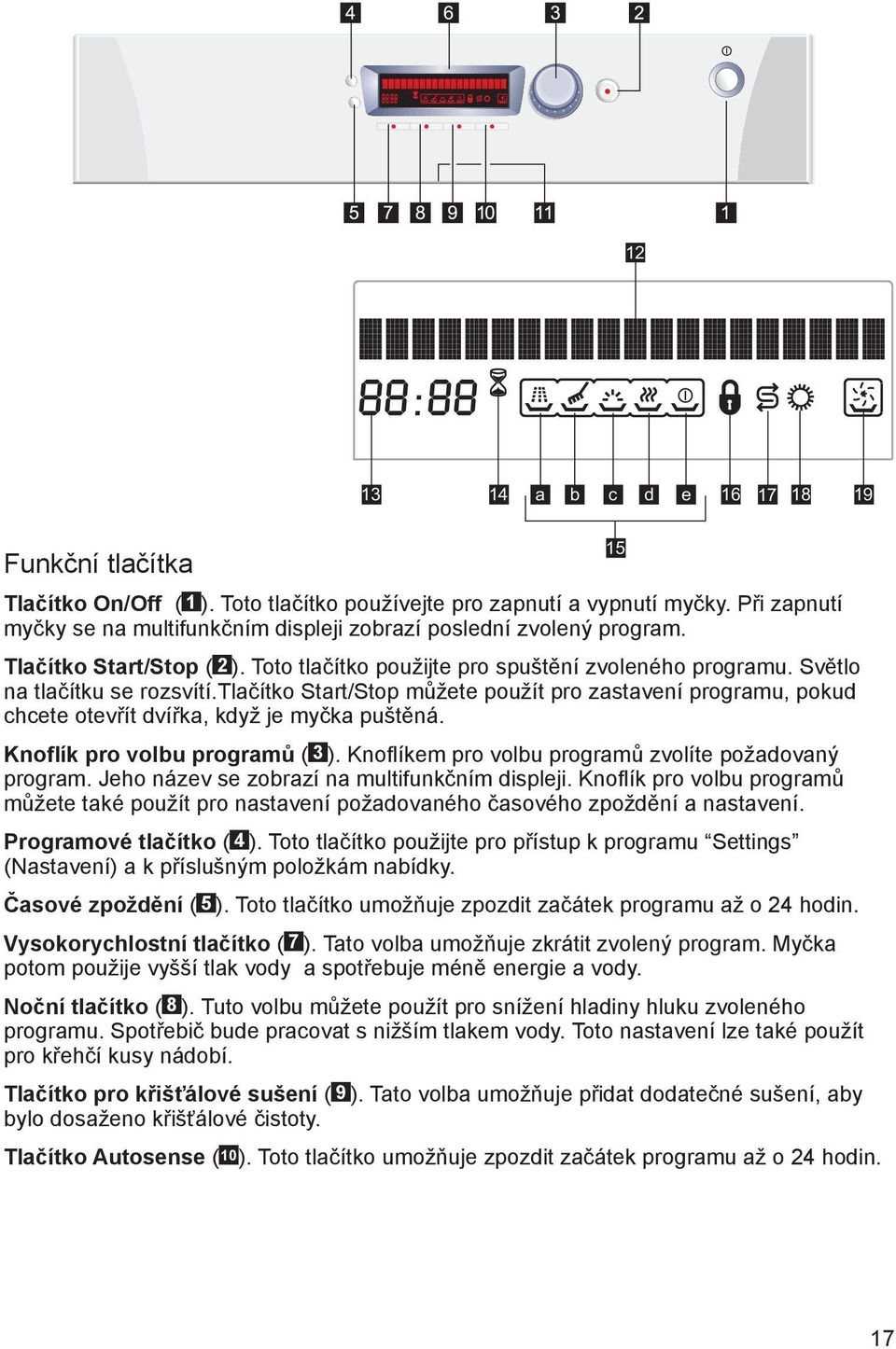 tlačítko Start/Stop můžete použít pro zastavení programu, pokud chcete otevřít dvířka, když je myčka puštěná. Knoflík pro volbu programů ( 3 ). Knoflíkem pro volbu programů zvolíte požadovaný program.