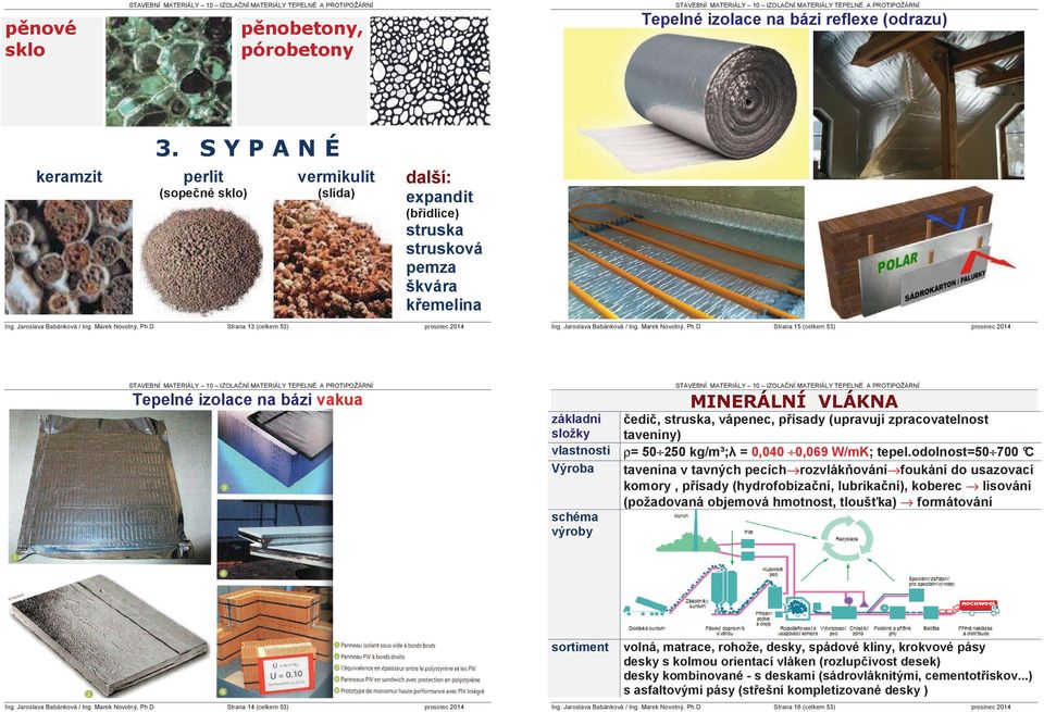 1$ základní složky vlastnosti Výroba þediþ, struska, vápenec, pĝísady (upravují zpracovatelnost taveniny) ρ= 50 250 kg/m³;ȝ = 0,040 0,069 W/mK; tepel.