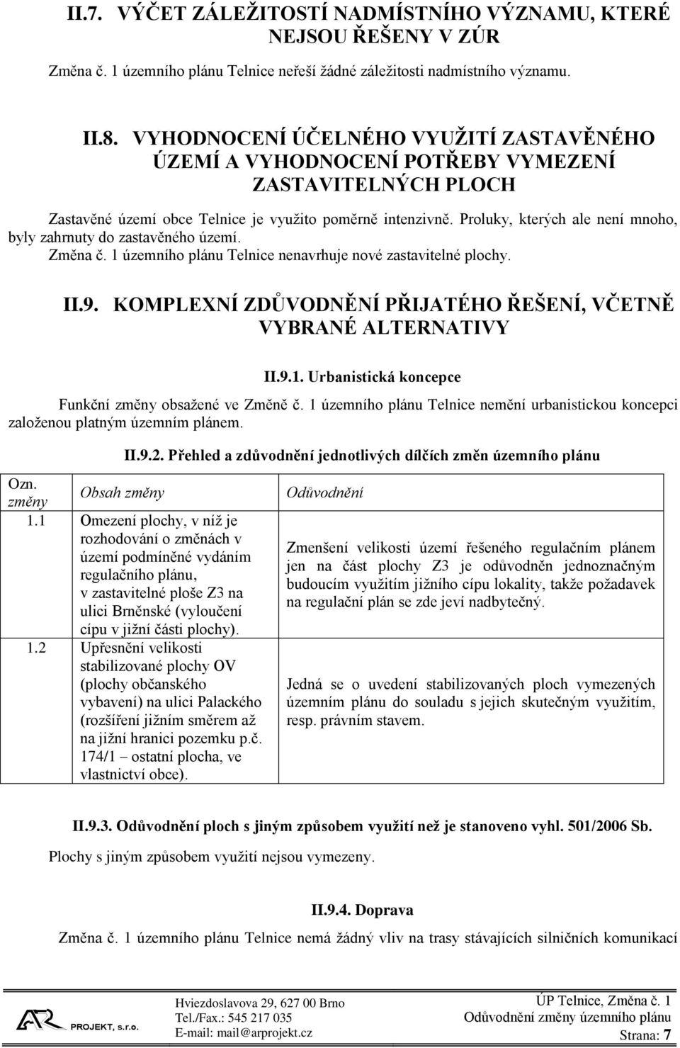 Proluky, kterých ale není mnoho, byly zahrnuty do zastavěného území. Změna č. 1 územního plánu Telnice nenavrhuje nové zastavitelné plochy. II.9.