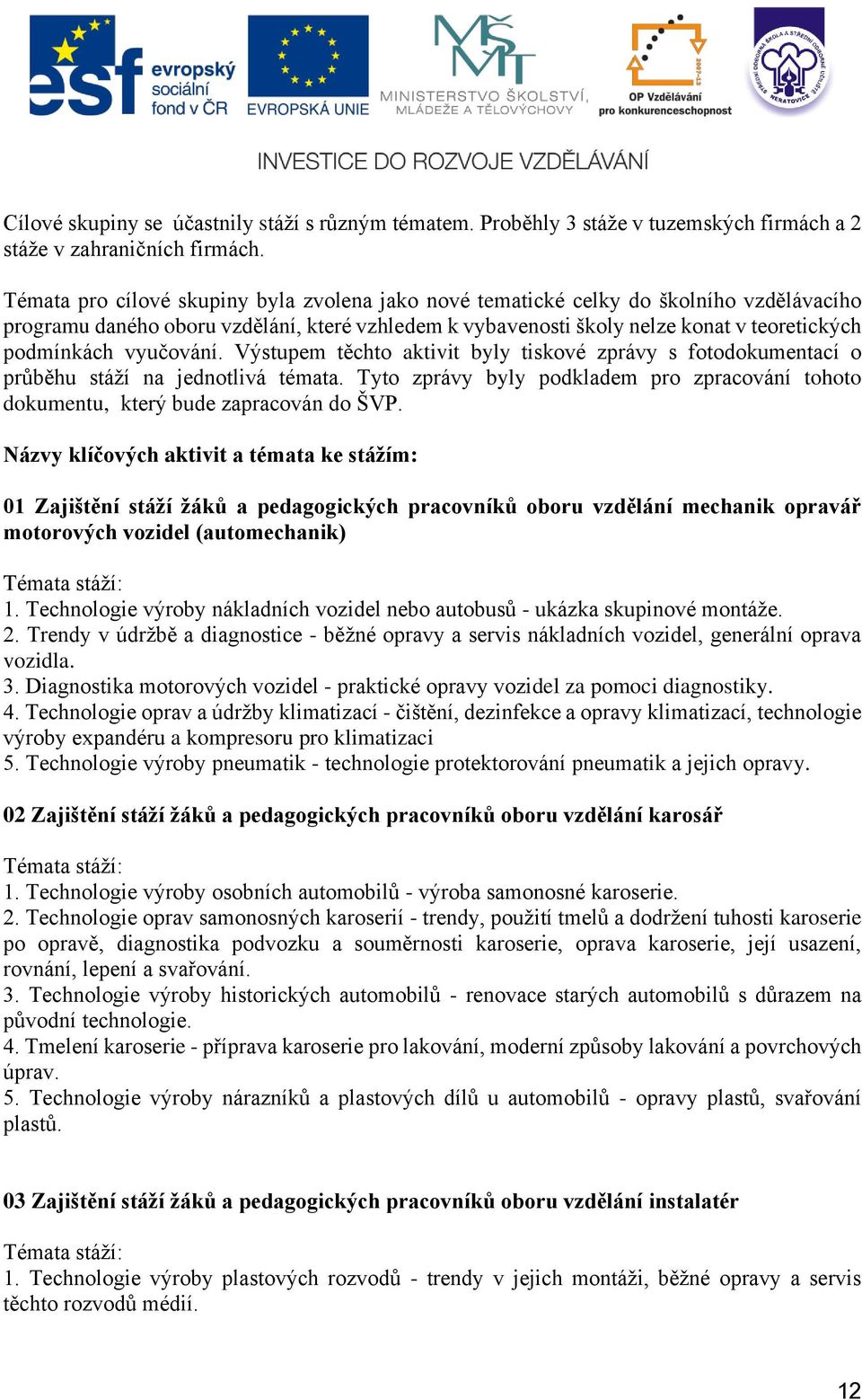 vyučování. Výstupem těchto aktivit byly tiskové zprávy s fotodokumentací o průběhu stáží na jednotlivá témata. Tyto zprávy byly podkladem pro zpracování tohoto dokumentu, který bude zapracován do ŠVP.