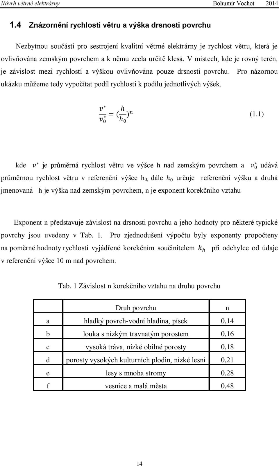 (1.1) kde je průměrná rychlost větru ve výšce h nad zemským povrchem a udává průměrnou rychlost větru v referenční výšce h 0, dále určuje referenční výšku a druhá jmenovaná h je výška nad zemským