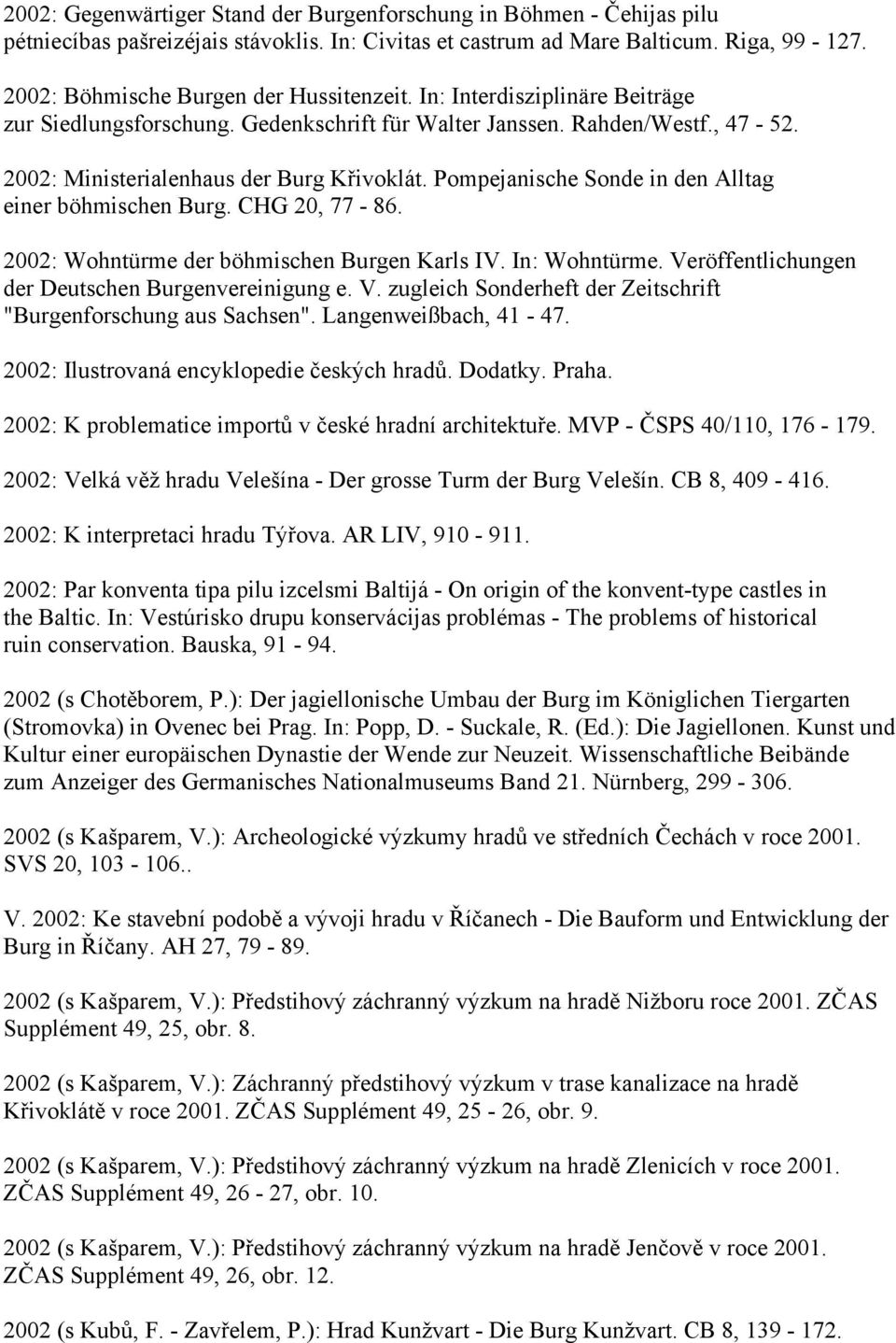 Pompejanische Sonde in den Alltag einer böhmischen Burg. CHG 20, 77-86. 2002: Wohntürme der böhmischen Burgen Karls IV. In: Wohntürme. Ve