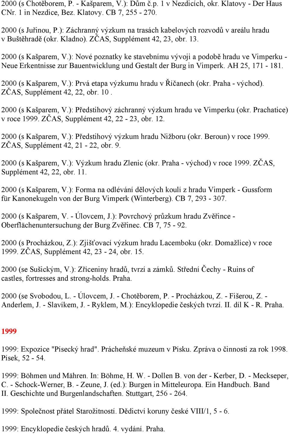 ): Nové poznatky ke stavebnímu vývoji a podobě hradu ve Vimperku - Neue Erkentnisse zur Bauentwicklung und Gestalt der Burg in Vimperk. AH 25, 171-181. 2000 (s Kašparem, V.