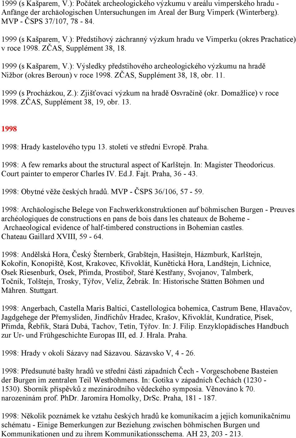): Výsledky předstihového archeologického výzkumu na hradě Nižbor (okres Beroun) v roce 1998. ZČAS, Supplément 38, 18, obr. 11. 1999 (s Procházkou, Z.): Zjišťovací výzkum na hradě Osvračíně (okr.
