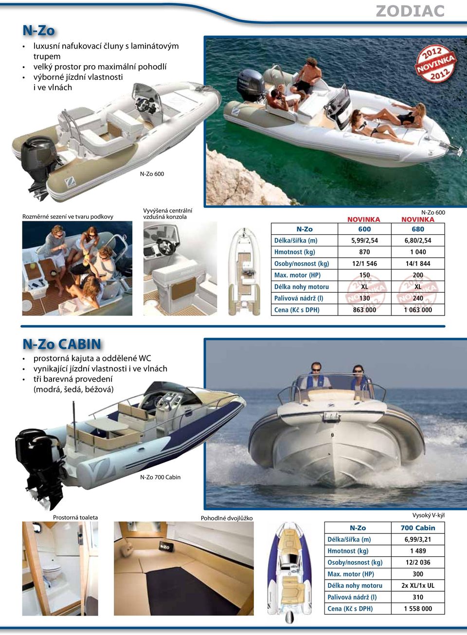 motor (HP) 150 200 Délka nohy motoru XL XL Palivová nádrž (l) 130 240 Cena (Kč s DPH) 863 000 1 063 000 N-Zo CABIN prostorná kajuta a oddělené WC vynikající jízdní vlastnosti i ve vlnách tři barevná