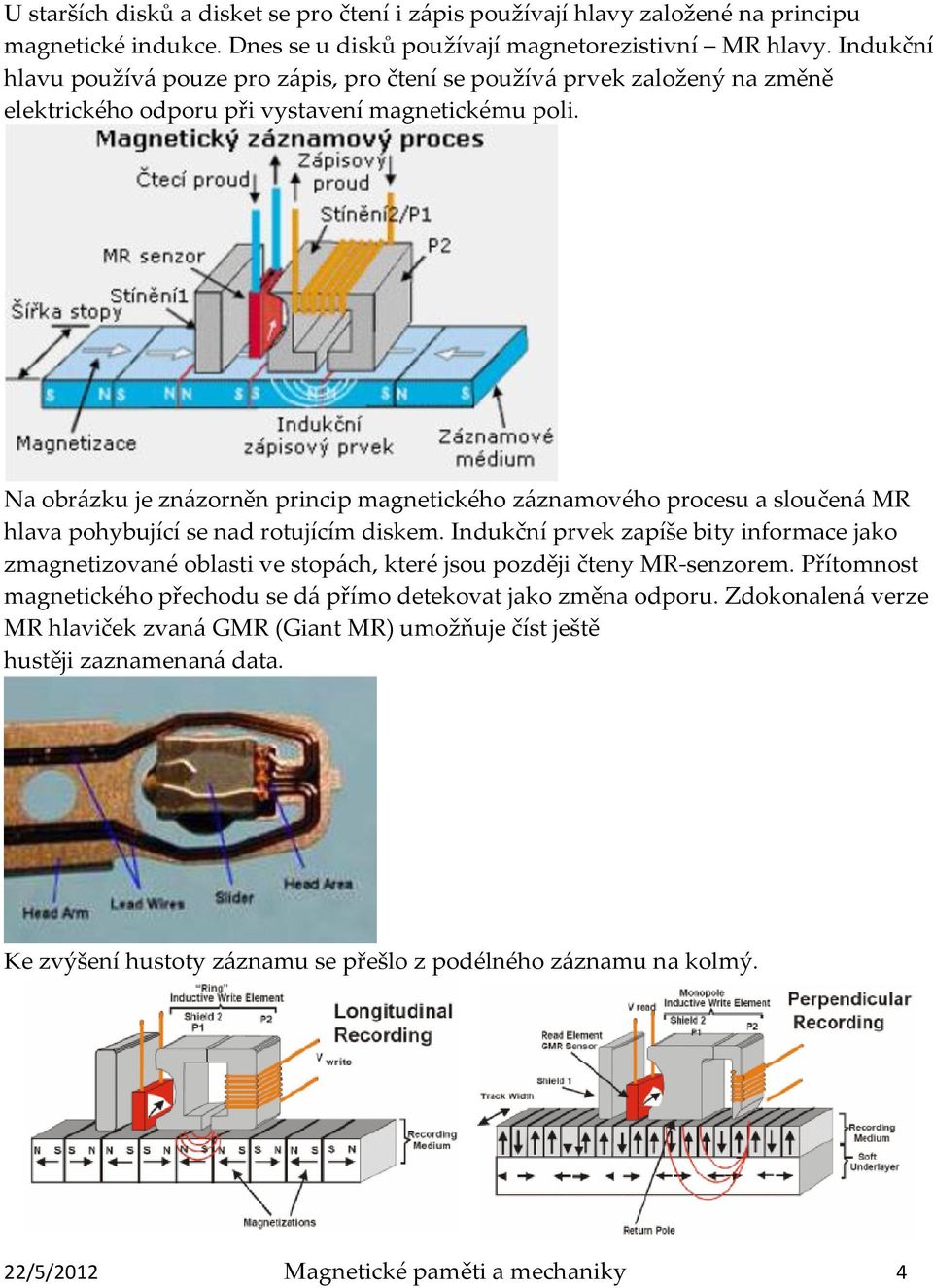 Na obrázku je znázorněn princip magnetického záznamového procesu a sloučená MR hlava pohybující se nad rotujícím diskem.