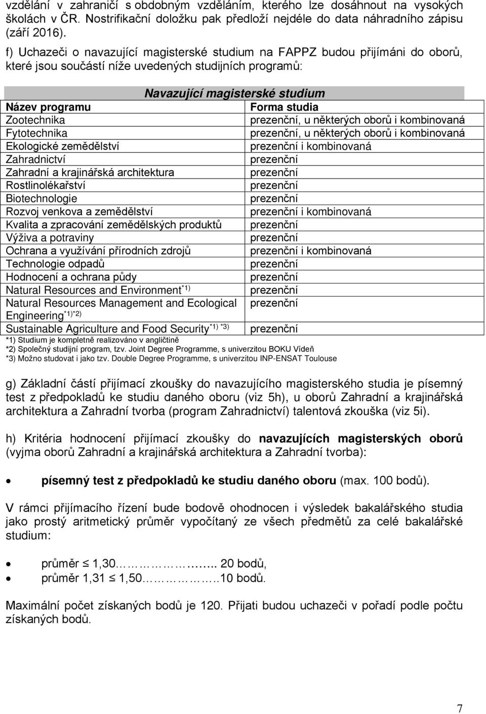 Zootechnika, u některých oborů i kombinovaná Fytotechnika, u některých oborů i kombinovaná Ekologické zemědělství i kombinovaná Zahradnictví Zahradní a krajinářská architektura Rostlinolékařství