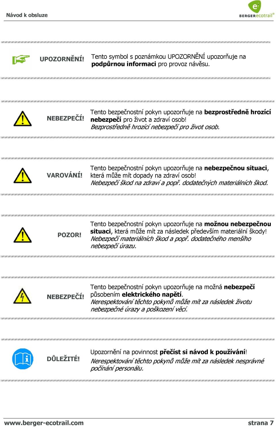 dodatečných materiálních škod. POZOR! Tento bezpečnostní pokyn upozorňuje na možnou nebezpečnou situaci, která může mít za následek především materiální škody! Nebezpečí materiálních škod a popř.