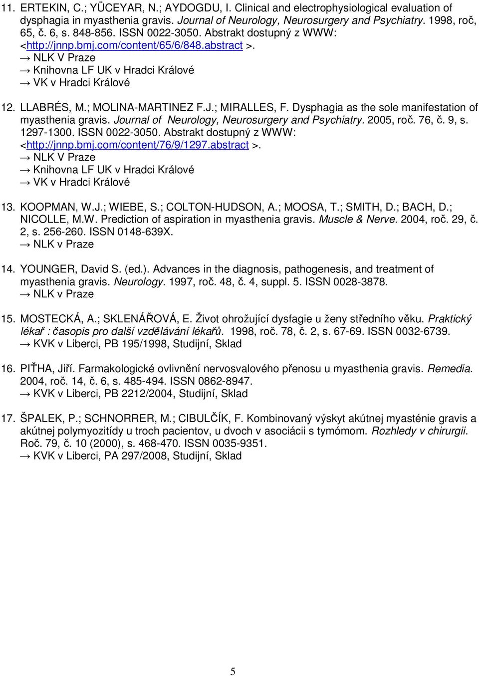 Dysphagia as the sole manifestation of myasthenia gravis. Journal of Neurology, Neurosurgery and Psychiatry. 2005, roč. 76, č. 9, s. 1297-1300. ISSN 0022-3050. Abstrakt dostupný z WWW: <http://jnnp.