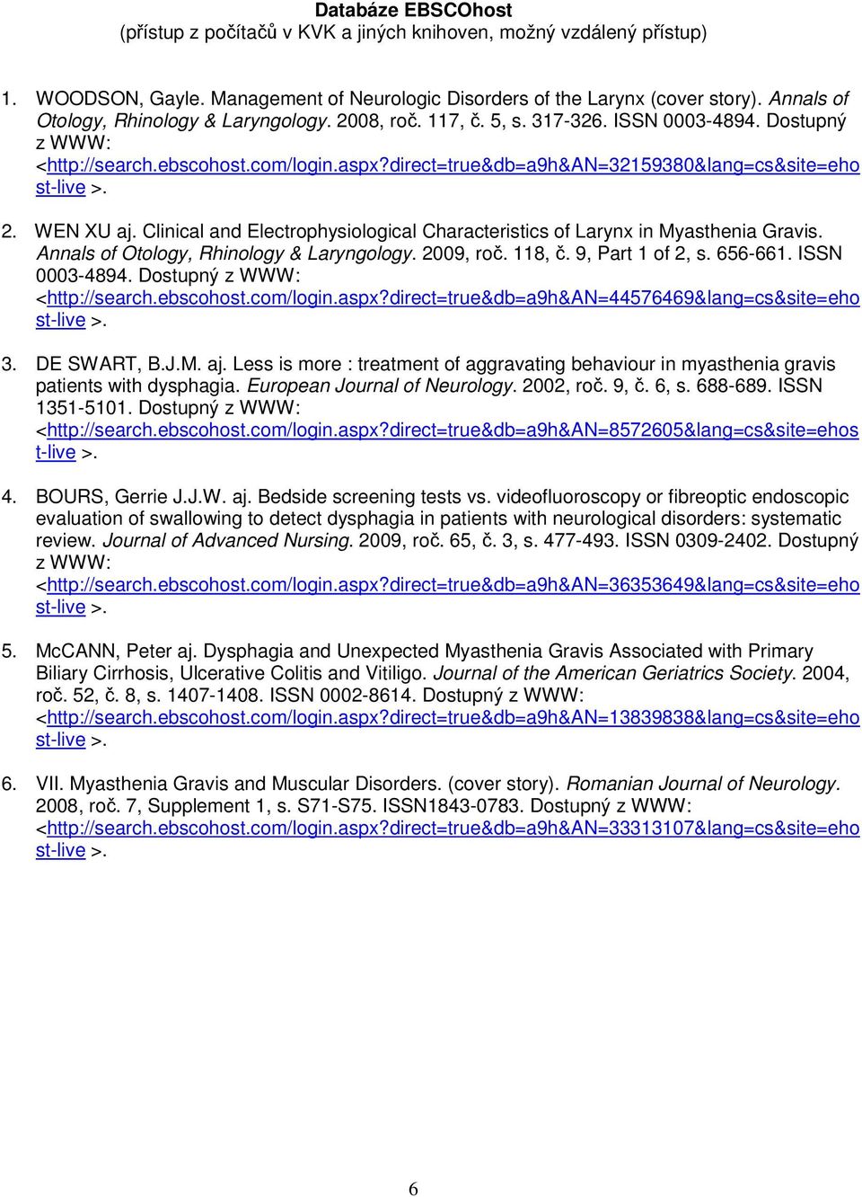 WEN XU aj. Clinical and Electrophysiological Characteristics of Larynx in Myasthenia Gravis. Annals of Otology, Rhinology & Laryngology. 2009, roč. 118, č. 9, Part 1 of 2, s. 656-661. ISSN 0003-4894.