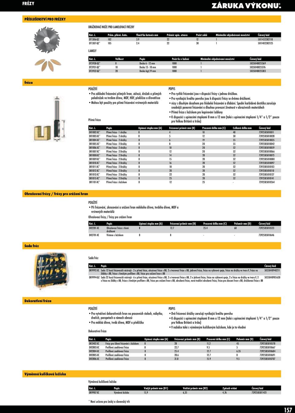 Velikost Popis Počet ks v DT3930-QZ* 0 Deska 6-12 mm 1000 1 5035048025369 DT3931-QZ* 10 Deska 13-18 mm 1000 1 5035048025376 DT3932-QZ* 20 Deska >19 mm 1000 1 5035048025383 fréza Pro základní