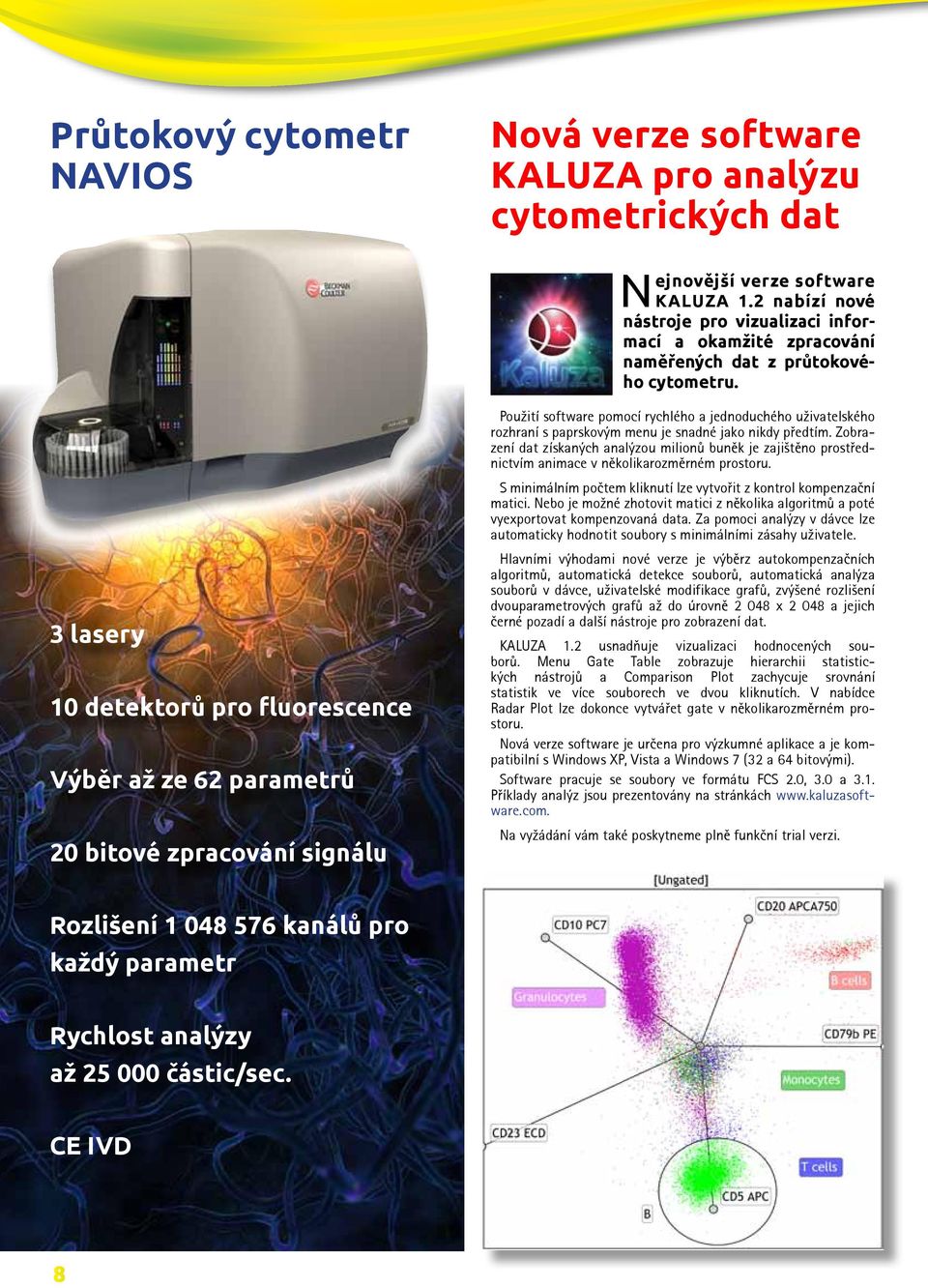 3 lasery 10 detektorů pro fluorescence Výběr až ze 62 parametrů 20 bitové zpracování signálu Použití software pomocí rychlého a jednoduchého uživatelského rozhraní s paprskovým menu je snadné jako