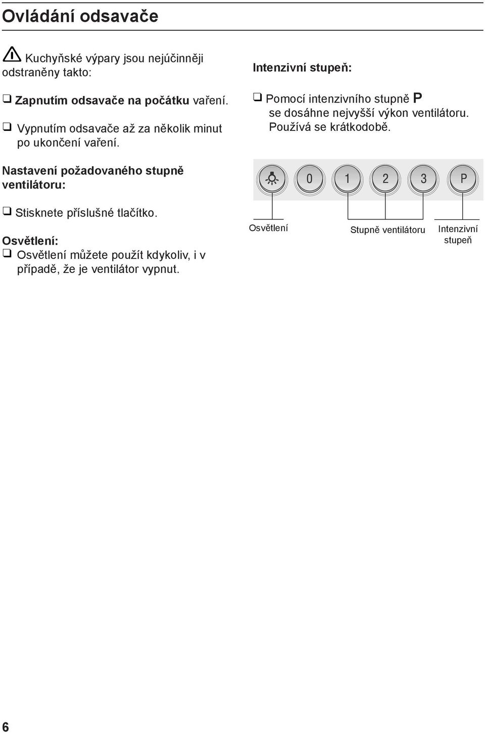 Intenzivní stupeň: Pomocí intenzivního stupně P se dosáhne nejvyšší výkon ventilátoru. Používá se krátkodobě.