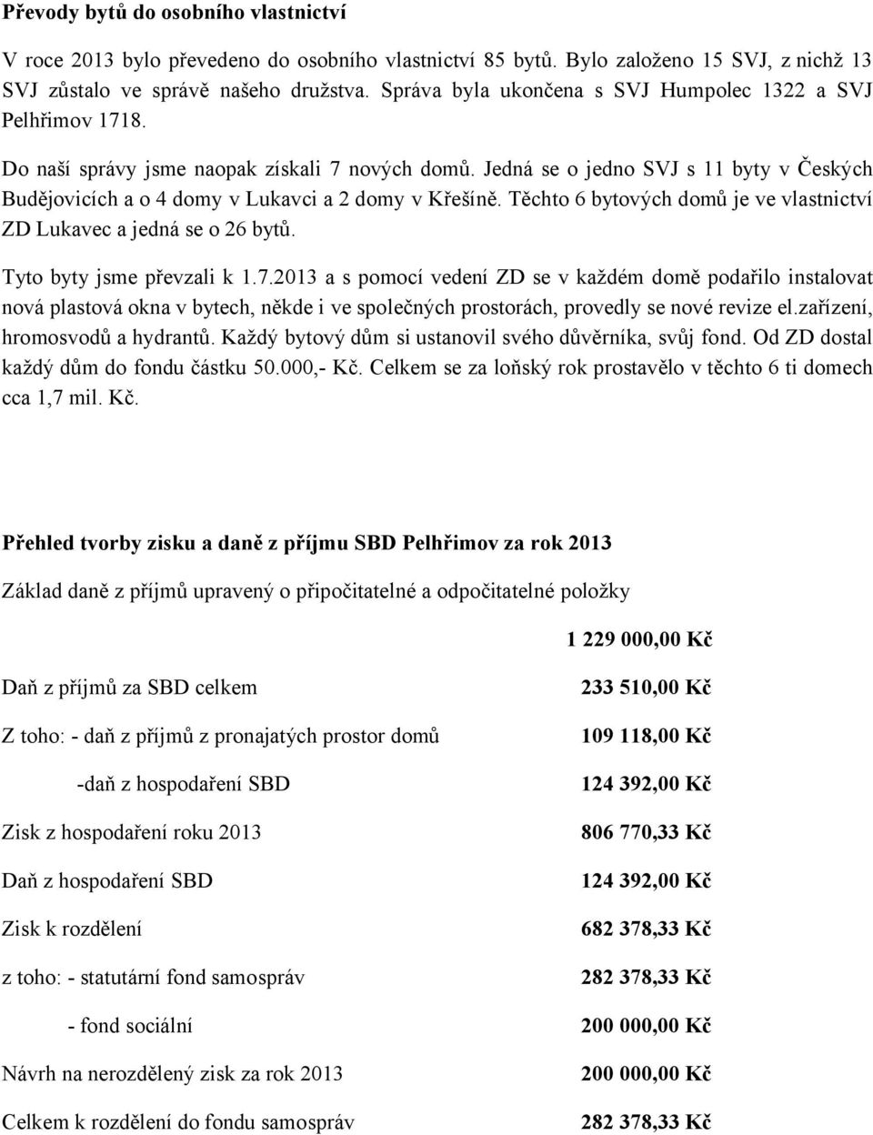 Těchto 6 bytových domů je ve vlastnictví ZD Lukavec a jedná se o 26 bytů. Tyto byty jsme převzali k 1.7.