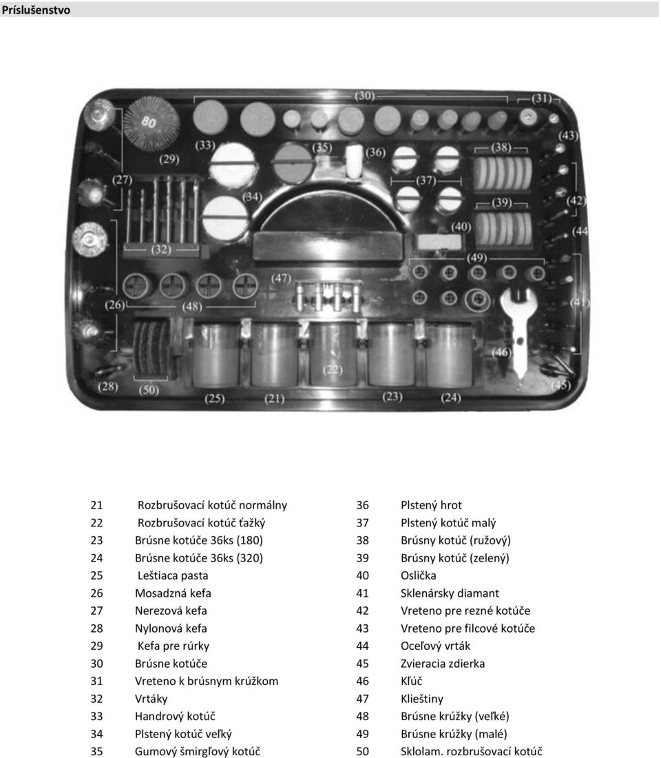 kotúče 28 Nylonová kefa 43 Vreteno pre filcové kotúče 29 Kefa pre rúrky 44 Oceľový vrták 30 Brúsne kotúče 45 Zvieracia zdierka 31 Vreteno k brúsnym krúžkom 46 Kľúč