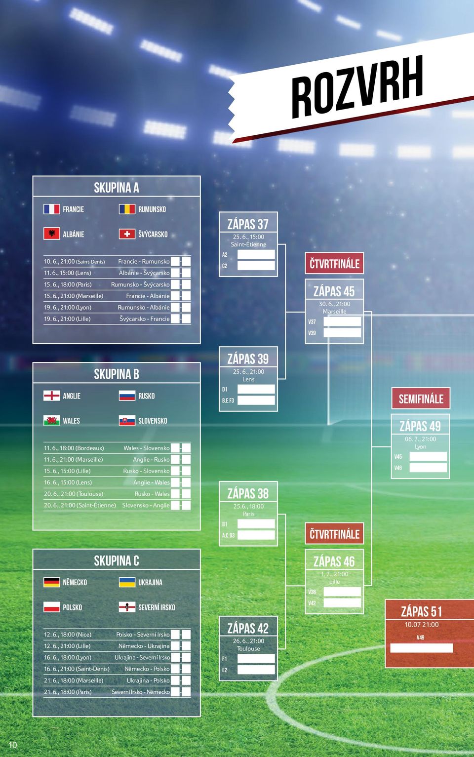 6., 21:00 Lens D1 B.E.F3 SEMIFINÁLE WALES SLOVENSKO 11. 6., 18:00 (Bordeaux) Wales - Slovensko - 11. 6., 21:00 (Marseille) Anglie - Rusko - 15. 6., 15:00 (Lille) Rusko - Slovensko - ZÁPAS 49 06. 7.