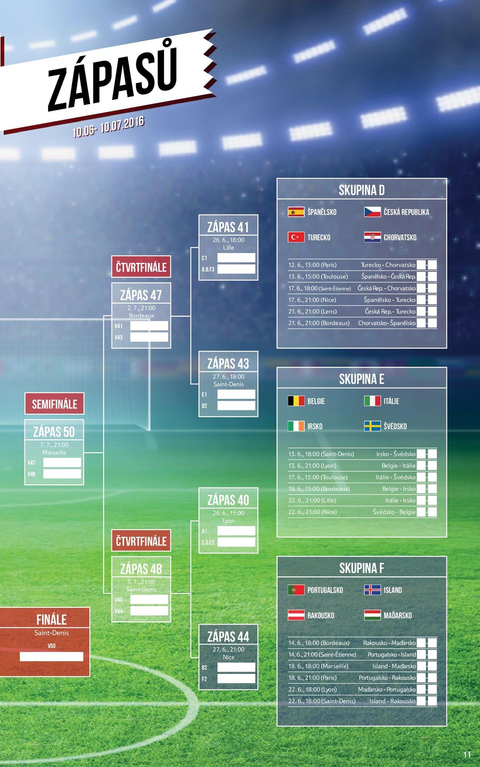 6., 18:00 Saint-Denis E1 D2 BELGIE SKUPINA E ITÁLIE ZÁPAS 50 7. 7., 21:00 Marseille V47 V48 IRSKO ŠVÉDSKO 13. 6., 18:00 (Saint-Denis) Irsko - Švédsko - 13. 6., 21:00 (Lyon) Belgie - Itálie - 17. 6., 15:00 (Toulouse) Itálie - Švédsko - ČTVRTFINÁLE ZÁPAS 40 26.