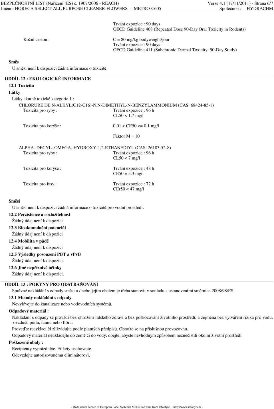 Guideline 411 (Subchronic Dermal Toxicity: 90-Day Study) Směs U směsi není k dispozici žádná informace o toxicitě. ODDÍL 12 : EKOLOGICKÉ INFORMACE 12.